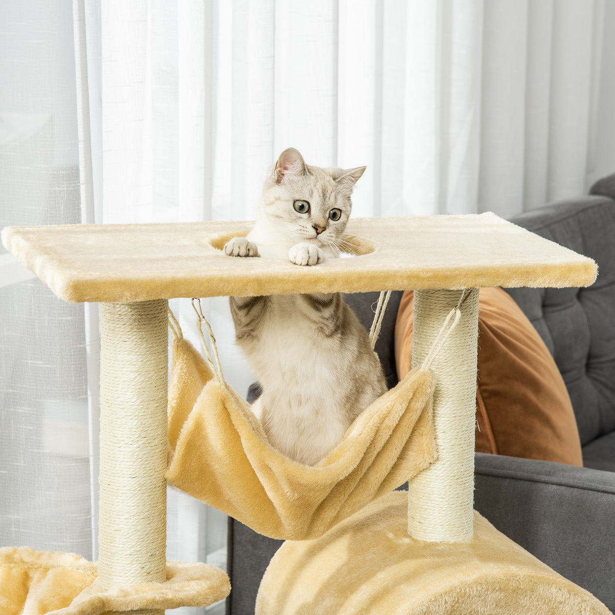Arbre à chat griffoir arbre à grimper stable à plusieurs niveaux centre d'activités hauteur 98 cm beige-6