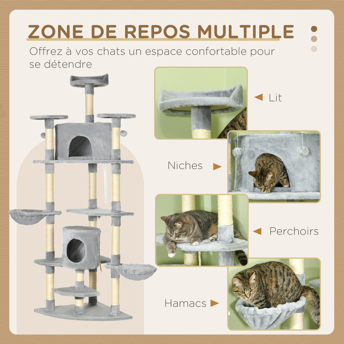 Arbre à chat XXL arbre à grimper pour chat multi-équipements griffoirs 6 plate-formes 2 niches hauteur 200 cm gris-3