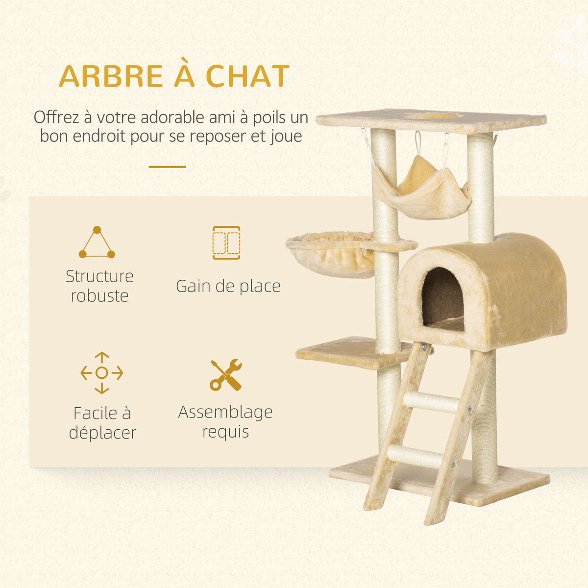 Arbre à chat griffoir arbre à grimper stable à plusieurs niveaux centre d'activités hauteur 98 cm beige-3