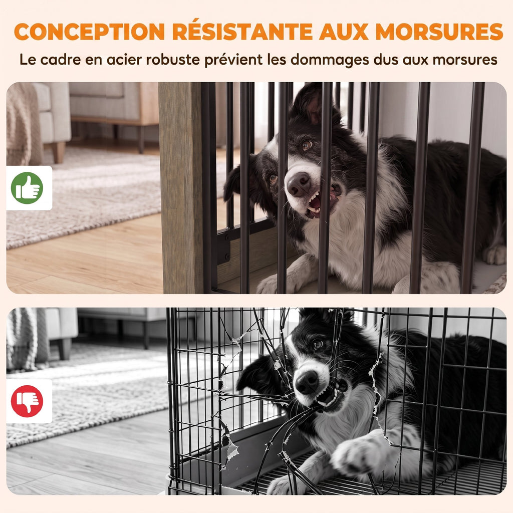 Niche d'intérieur bois et acier — cage-meuble pour chien, 100 x 60 x 68 cm