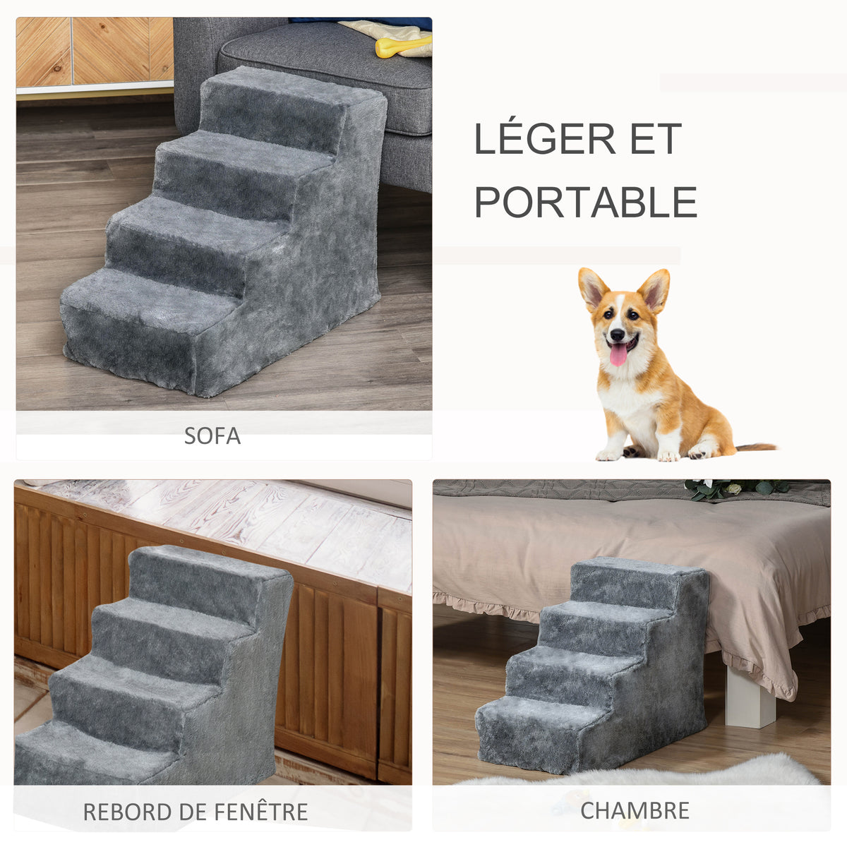 Escalier pour chien et chat 4 marches — revêtement flanelle antidérapant
