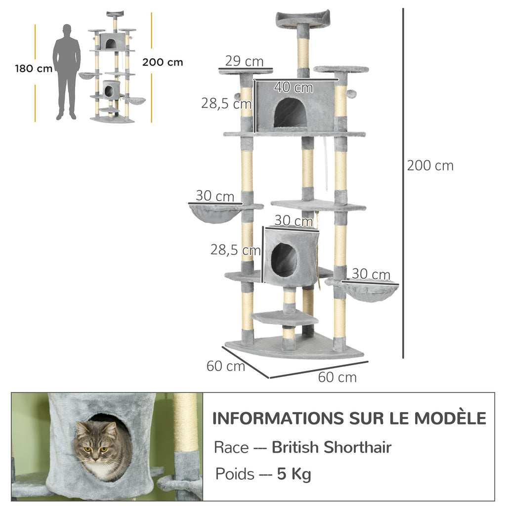 Arbre à chat XXL arbre à grimper pour chat multi-équipements griffoirs 6 plate-formes 2 niches hauteur 200 cm gris-2