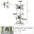 Arbre à chat XXL arbre à grimper pour chat multi-équipements griffoirs 6 plate-formes 2 niches hauteur 200 cm gris-2