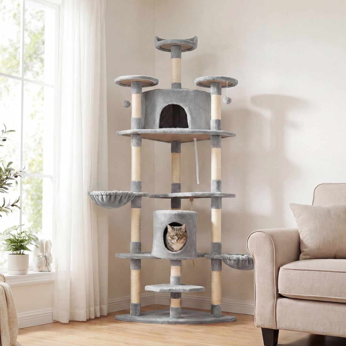 Arbre à chat XXL arbre à grimper pour chat multi-équipements griffoirs 6 plate-formes 2 niches hauteur 200 cm gris-1