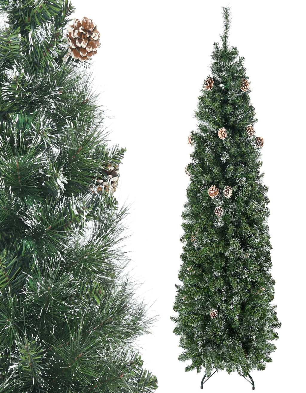 Sapin de Noël enneigé 180 cm — 618 branches, pied acier pliable