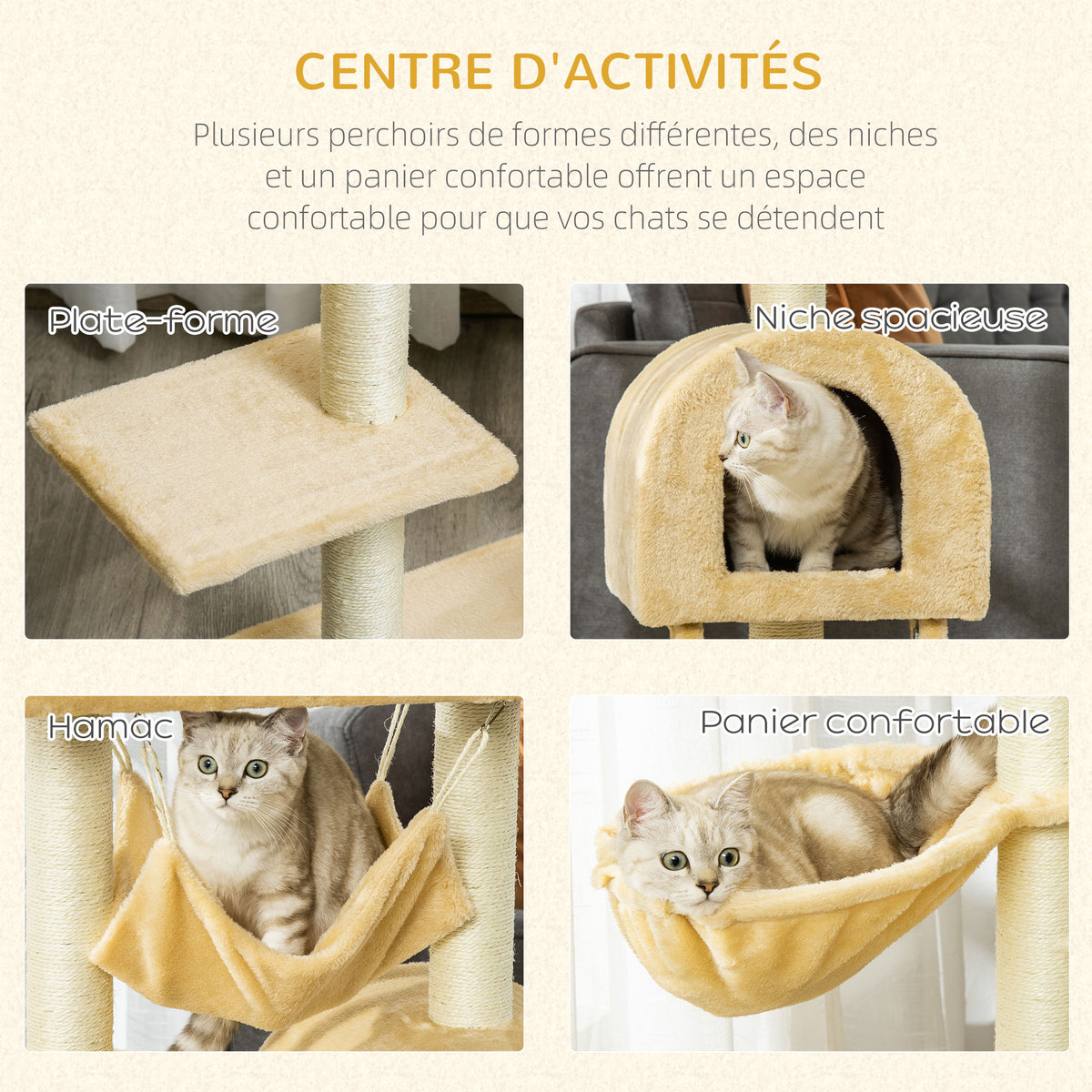 Arbre à chat griffoir arbre à grimper stable à plusieurs niveaux centre d'activités hauteur 98 cm beige-4