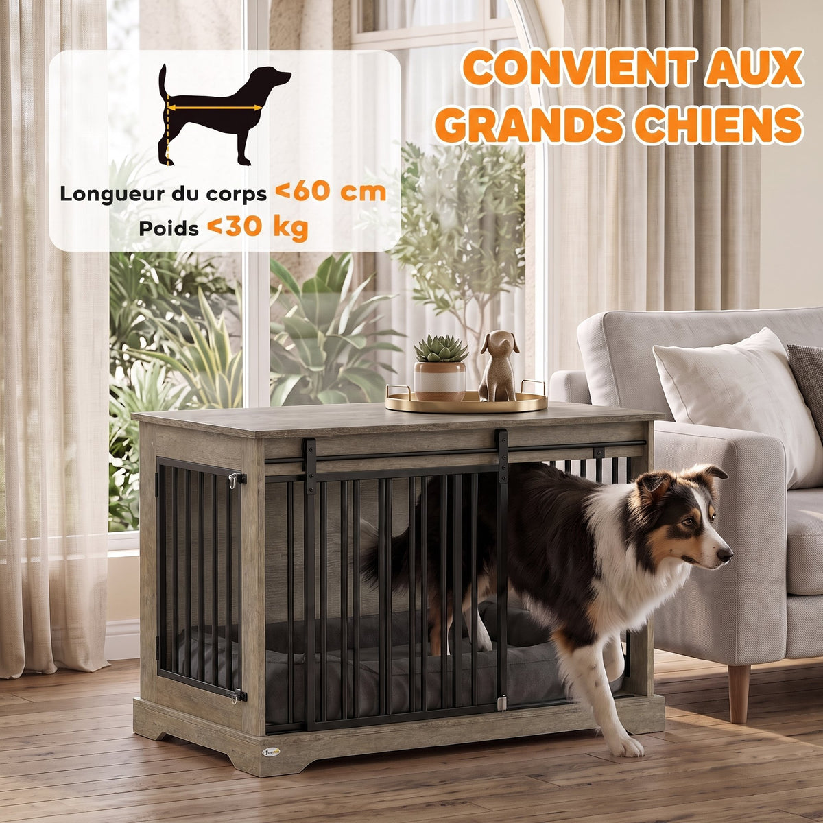Niche d'intérieur bois et acier — cage-meuble pour chien, 100 x 60 x 68 cm
