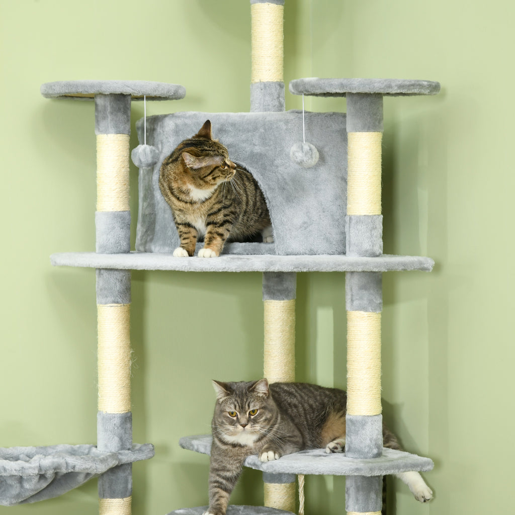 Arbre à chat XXL arbre à grimper pour chat multi-équipements griffoirs 6 plate-formes 2 niches hauteur 200 cm gris-6