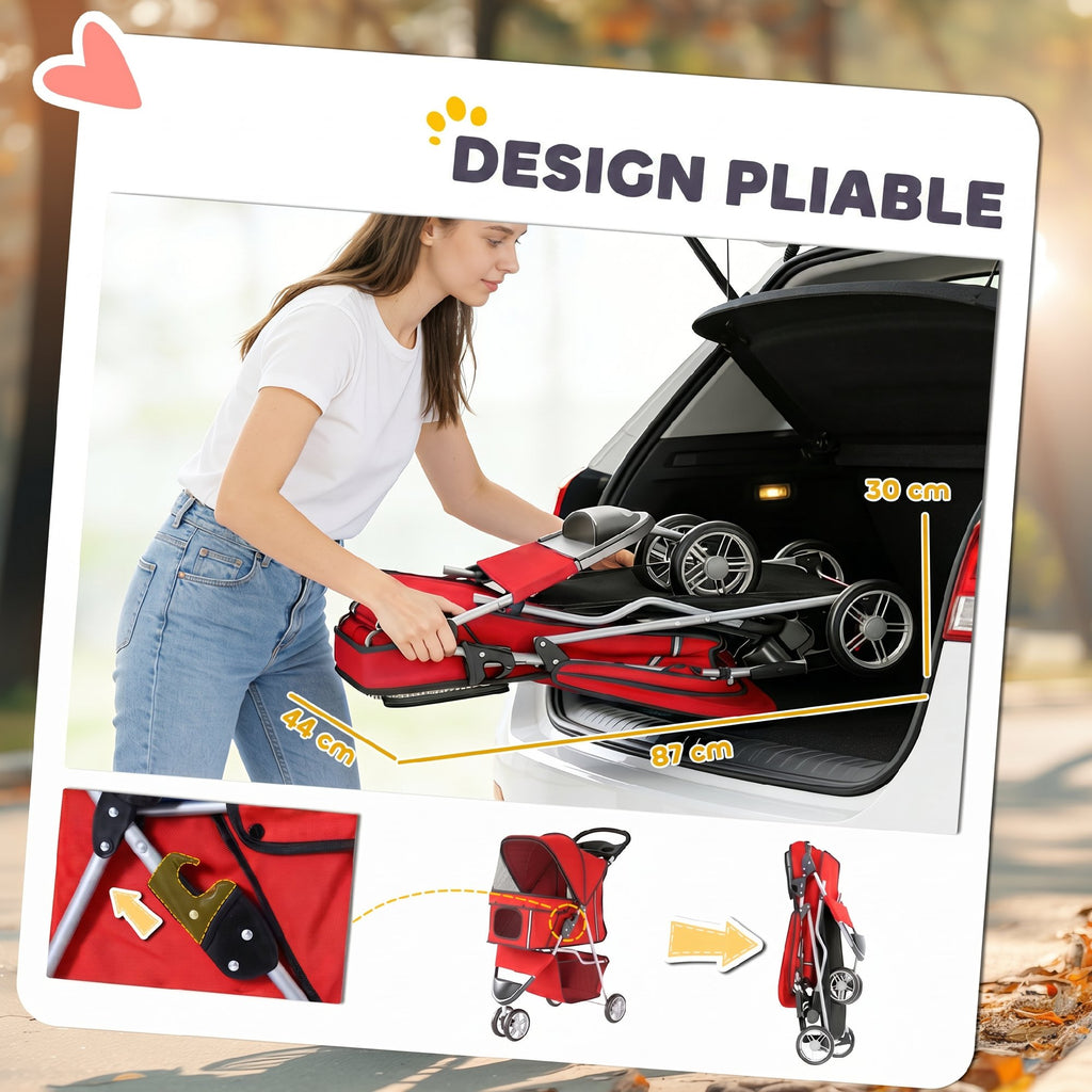 Poussette pour Chien 4 Roues, Chariot Pliable avec Auvent Réglable, Panier de Rangement, 77x44x102cm, Rouge-4