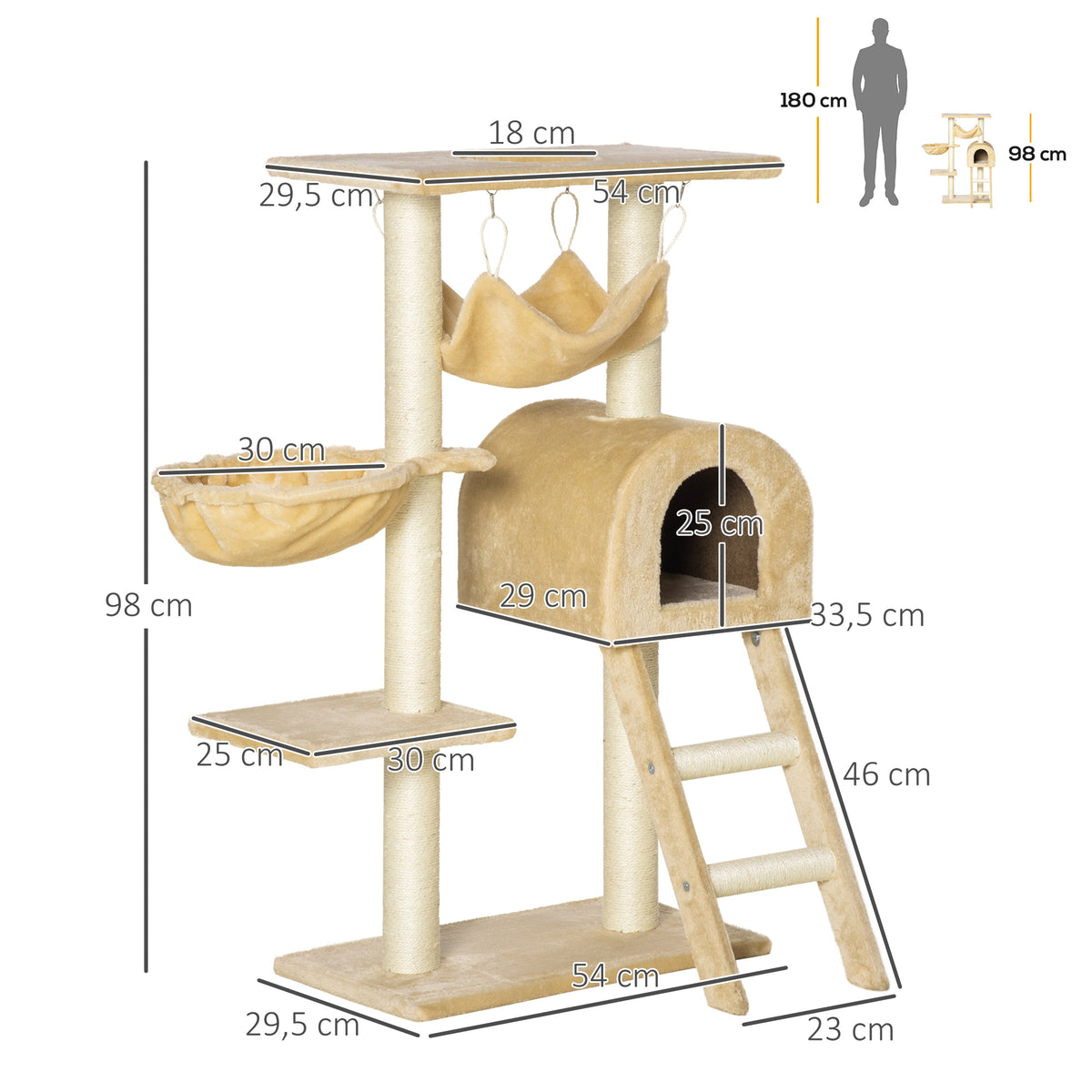 Arbre à chat griffoir arbre à grimper stable à plusieurs niveaux centre d'activités hauteur 98 cm beige-2