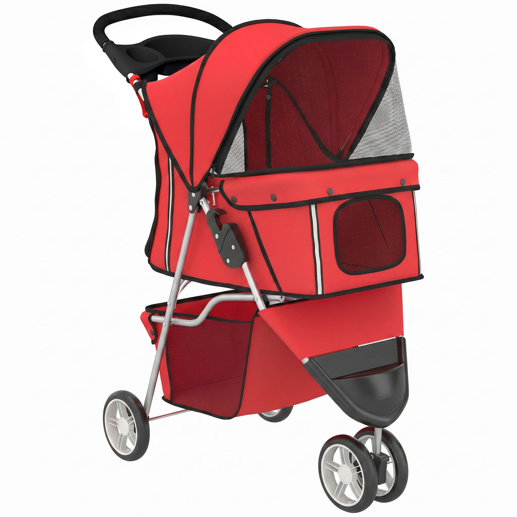 Poussette pour Chien 4 Roues, Chariot Pliable avec Auvent Réglable, Panier de Rangement, 77x44x102cm, Rouge-0