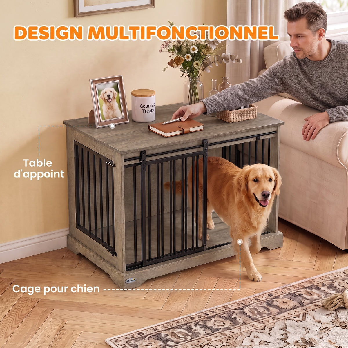 Niche d'intérieur bois et acier — cage-meuble pour chien, 100 x 60 x 68 cm