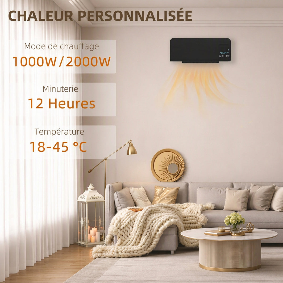 Radiateur soufflant mural chauffage céramique PTC - 1000 W / 2000 W oscillation minuterie avec télécommande noir
