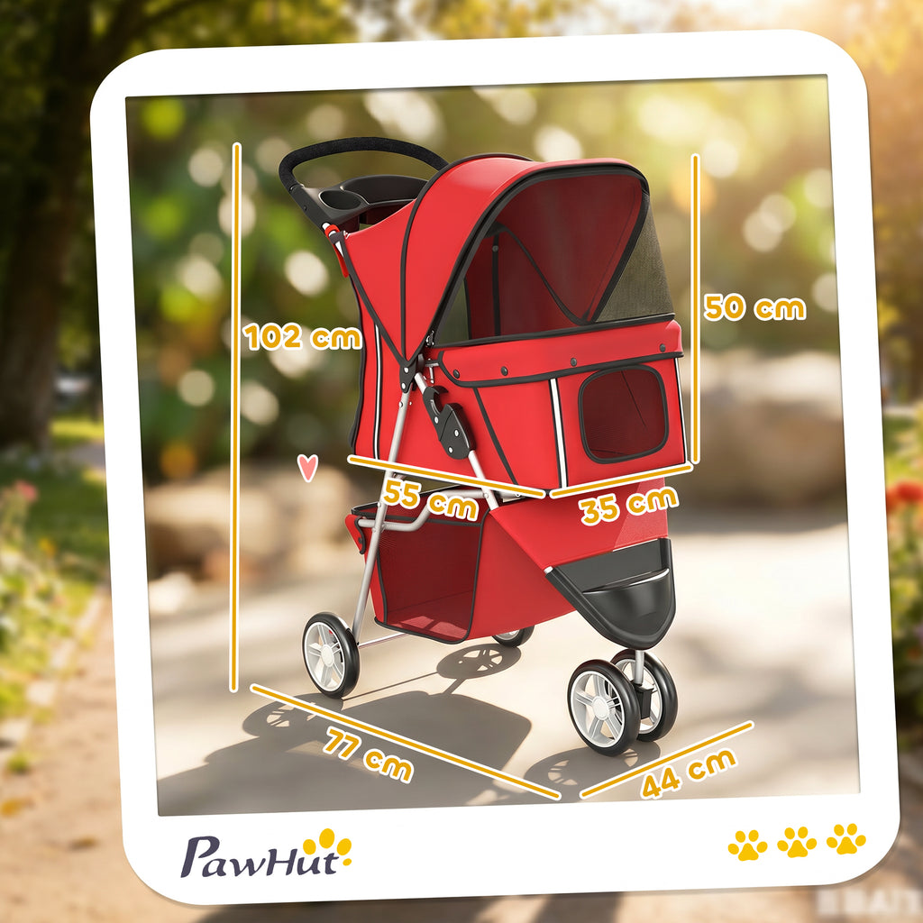 Poussette pour Chien 4 Roues, Chariot Pliable avec Auvent Réglable, Panier de Rangement, 77x44x102cm, Rouge-2