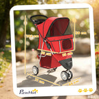 Poussette pour Chien 4 Roues, Chariot Pliable avec Auvent Réglable, Panier de Rangement, 77x44x102cm, Rouge-2
