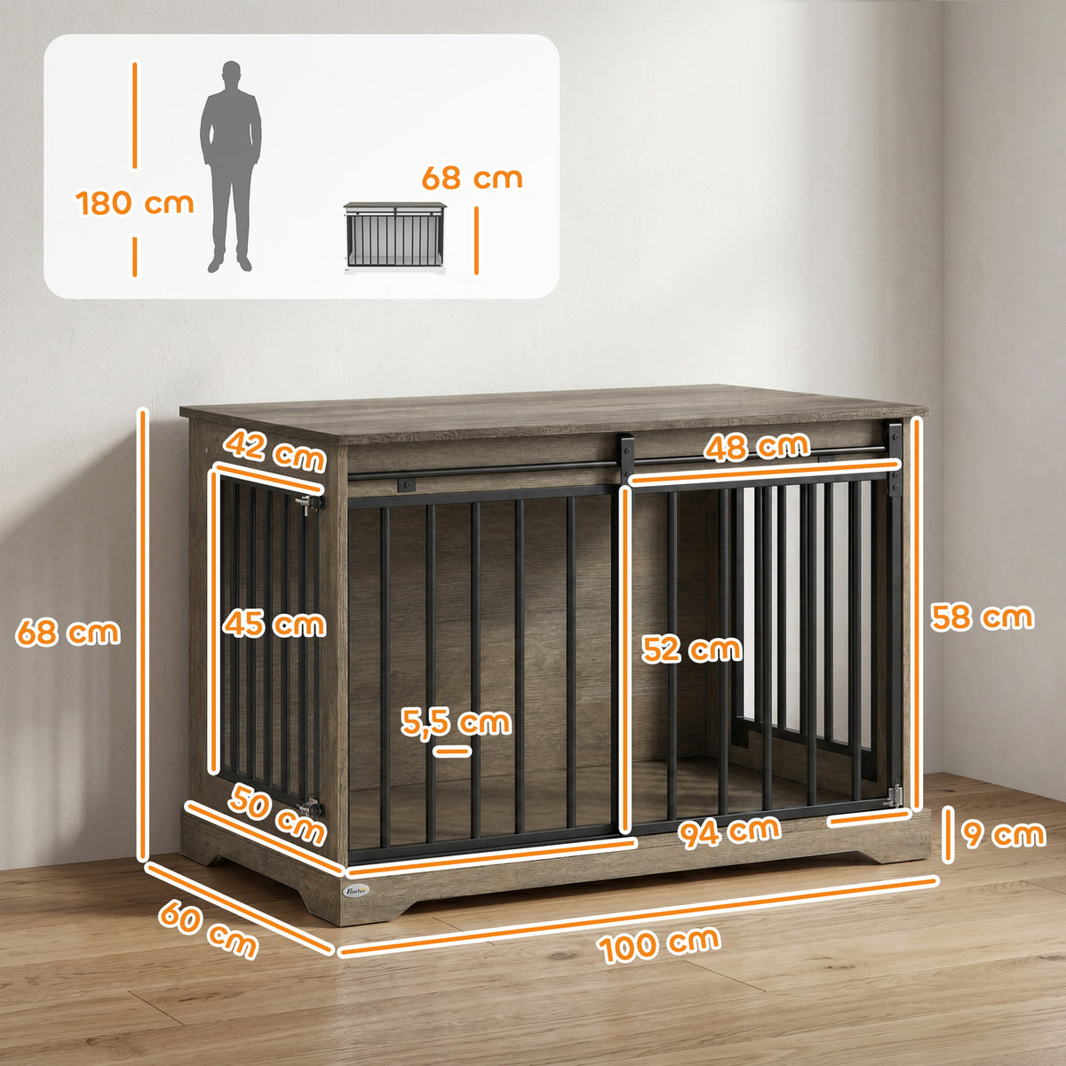 Niche d'intérieur bois et acier — cage-meuble pour chien, 100 x 60 x 68 cm